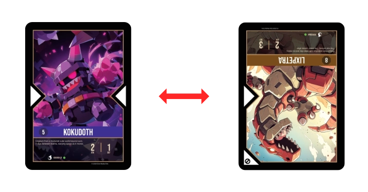 Conflict (left): both arrows meet — fight resolves. Flip (right): no defending arrow — card flips.