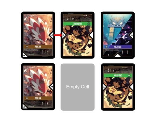 Shockwave push: the moved card destroys what is in the landing cell (left). Pushing off the out zone removes the card permanently (right).